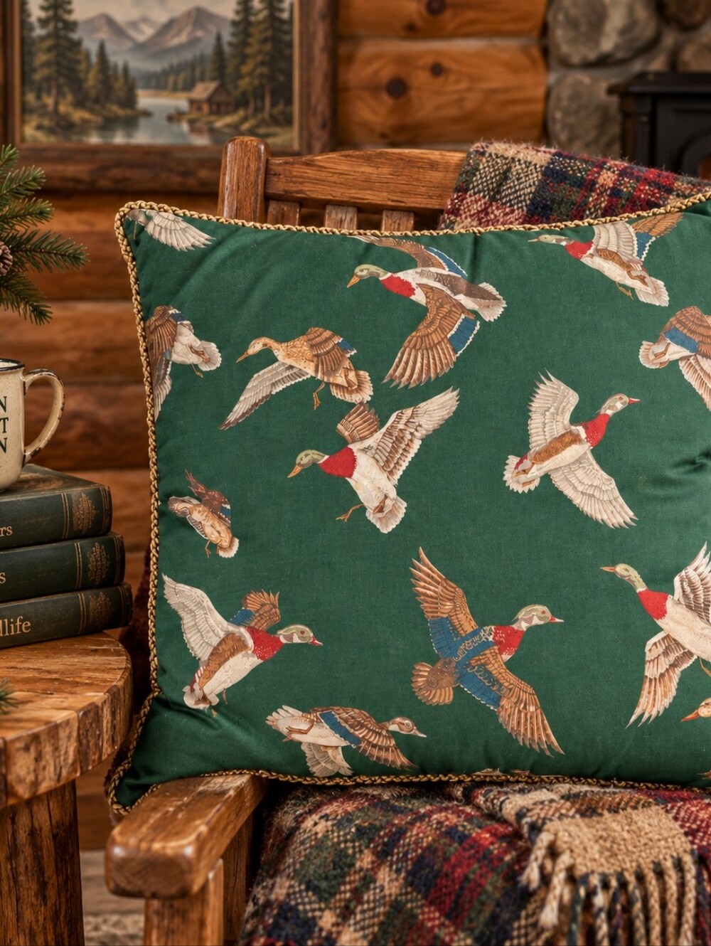 Vintage Mallard Duck Throw Pillow Green Cottage Cabin Decor